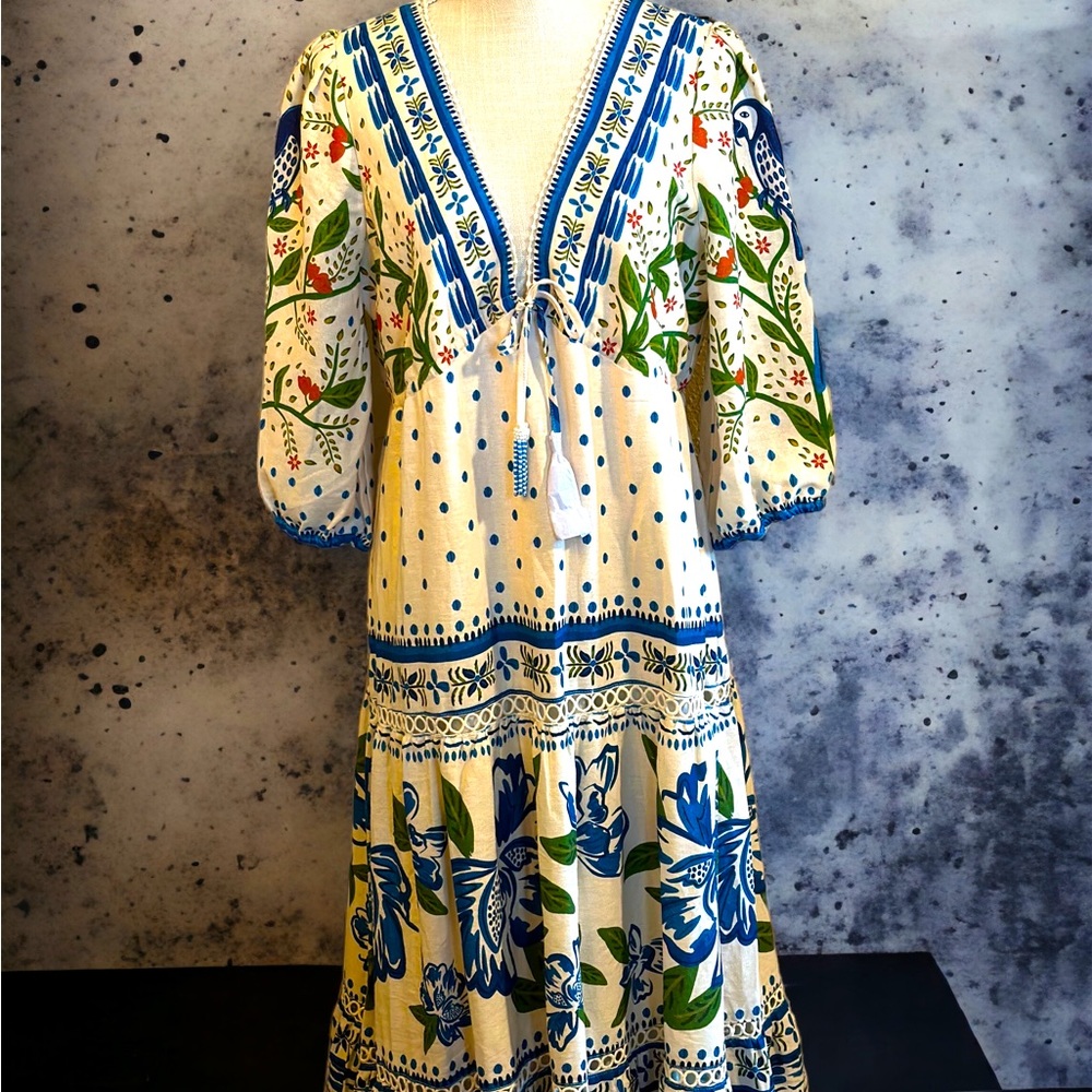 House of Harlow 1960 Cream Maxi Dress with Blue & Green Floral Print